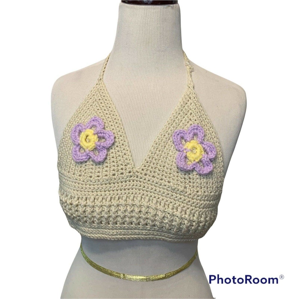 Hand Crocheted Beige Top Boho Holiday Beach Bikini Halter Tank Tops Size Small